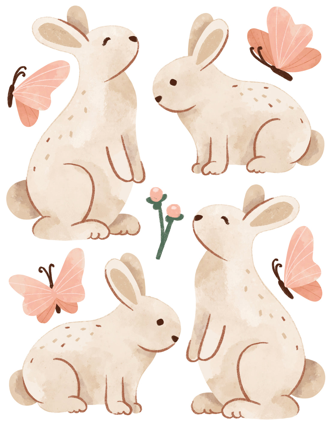 Autocollants muraux aquarelles lapins et feuilles, autocollants
